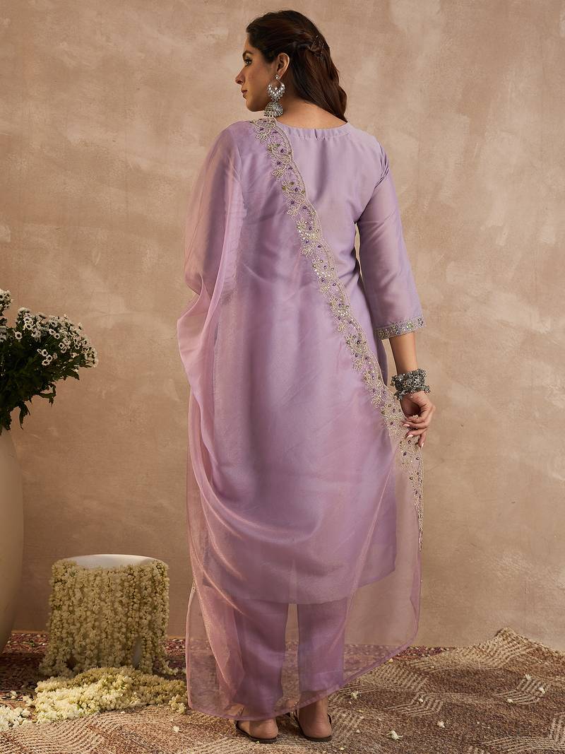 Lavender embroidered straight kurta trousers with dupatta set