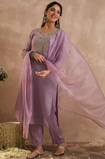 Lavender embroidered straight kurta trousers with dupatta set
