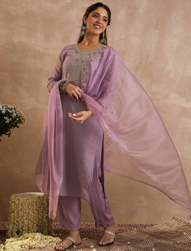 Lavender embroidered straight kurta trousers with dupatta set