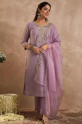 Lavender embroidered straight kurta trousers with dupatta set