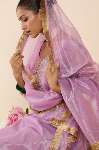 Lavender embroidered straight kurta trousers with dupatta set