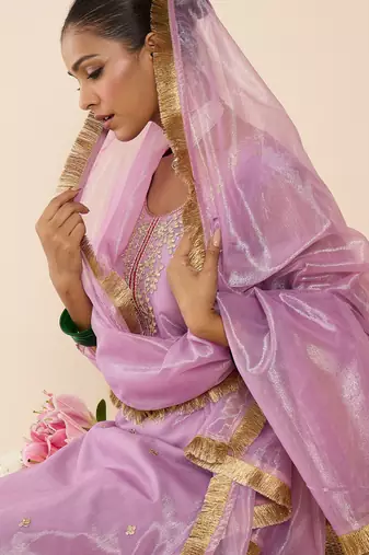 Lavender embroidered straight kurta trousers with dupatta set