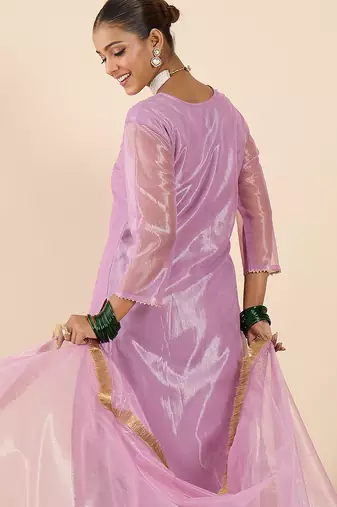 Lavender embroidered straight kurta trousers with dupatta set