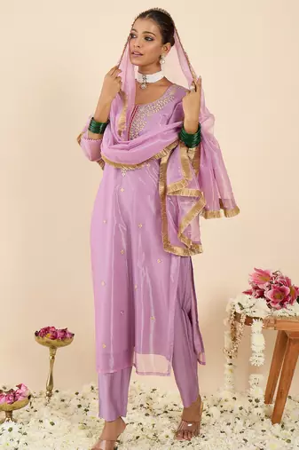 Lavender embroidered straight kurta trousers with dupatta set