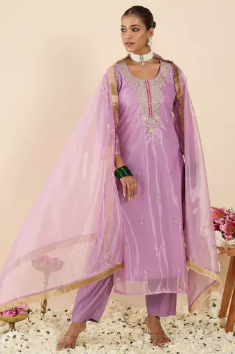 Lavender embroidered straight kurta trousers with dupatta set
