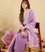 Lavender embroidered straight kurta trousers with dupatta set