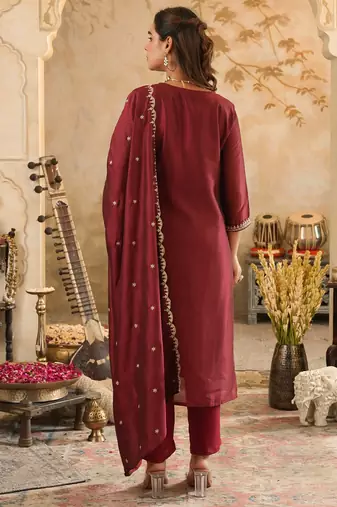 Maroon embroidered straight kurta trousers with dupatta set