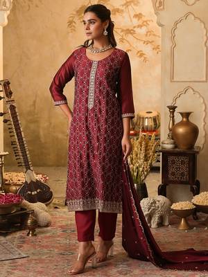 Maroon embroidered straight kurta trousers with dupatta set 3