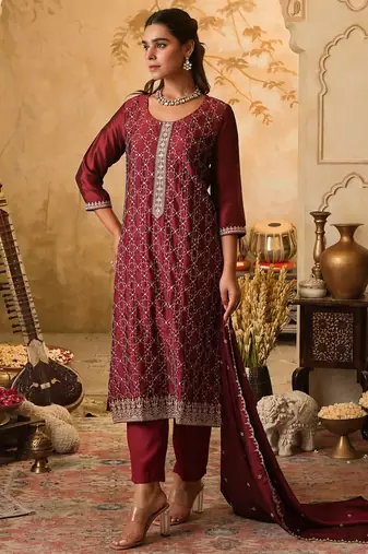 Maroon embroidered straight kurta trousers with dupatta set