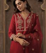 Maroon embroidered straight kurta trousers with dupatta set