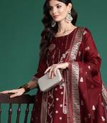 Maroon woven design straight kurta trousers with dupatta set