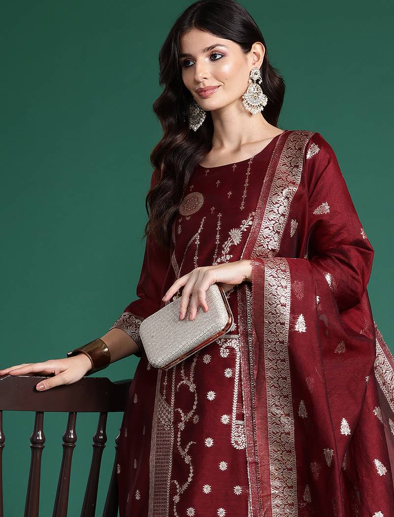 Maroon woven design straight kurta trousers with dupatta set