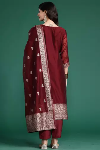 Maroon woven design straight kurta trousers with dupatta set