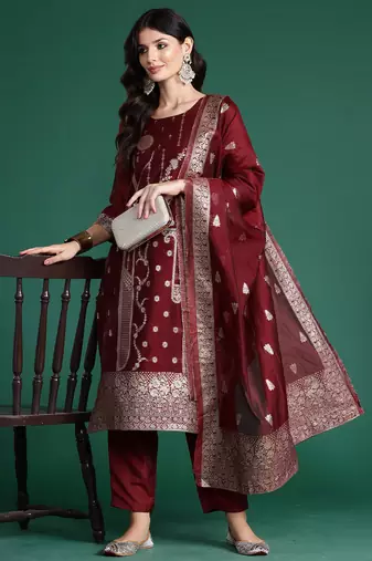 Maroon woven design straight kurta trousers with dupatta set