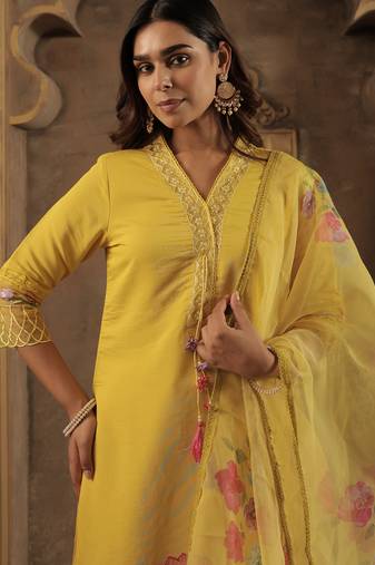 Mustard embroidered straight kurta trousers with dupatta set