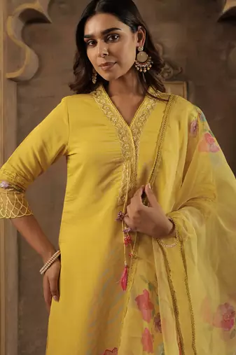 Mustard embroidered straight kurta trousers with dupatta set