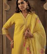 Mustard embroidered straight kurta trousers with dupatta set