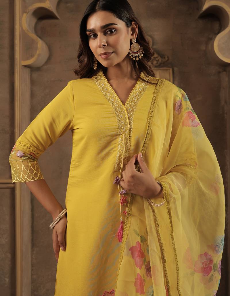 Mustard embroidered straight kurta trousers with dupatta set