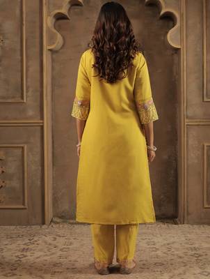 Mustard embroidered straight kurta trousers with dupatta set 2