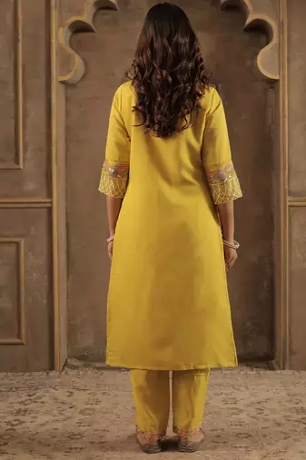 Mustard embroidered straight kurta trousers with dupatta set