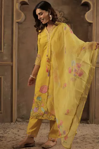 Mustard embroidered straight kurta trousers with dupatta set