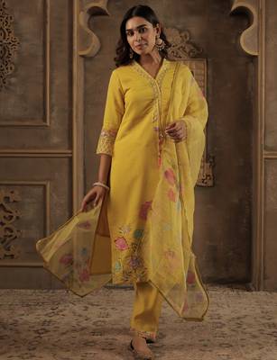 Mustard embroidered straight kurta trousers with dupatta set 4