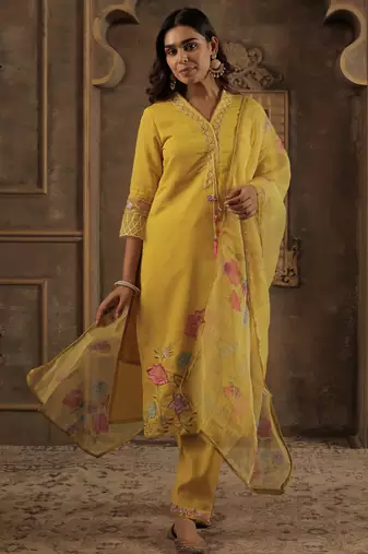 Mustard embroidered straight kurta trousers with dupatta set