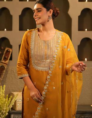 Mustard embroidered straight kurta trousers with dupatta set 1