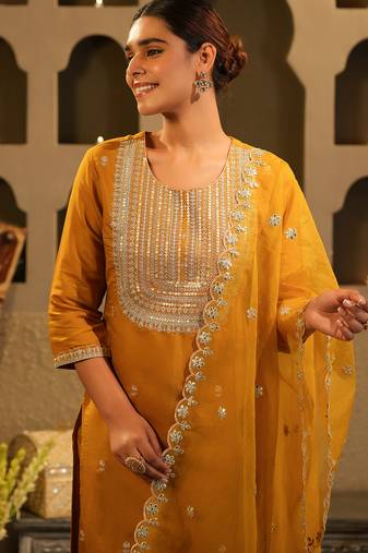 Mustard embroidered straight kurta trousers with dupatta set