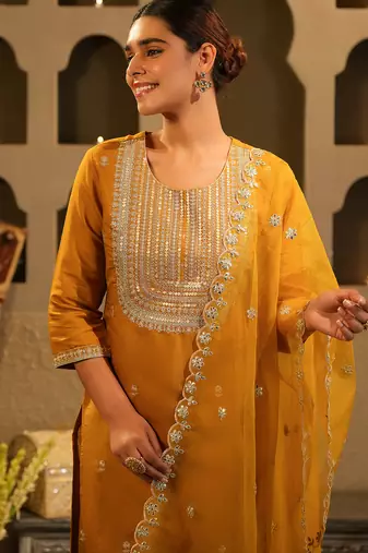 Mustard embroidered straight kurta trousers with dupatta set