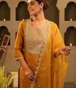 Mustard embroidered straight kurta trousers with dupatta set