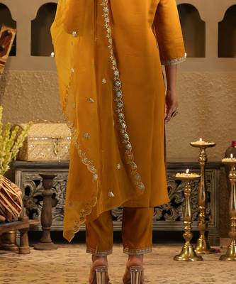 Mustard embroidered straight kurta trousers with dupatta set 2