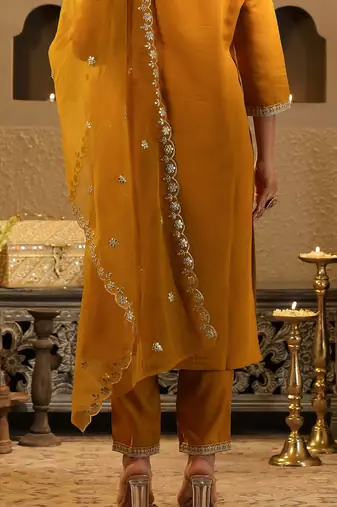 Mustard embroidered straight kurta trousers with dupatta set