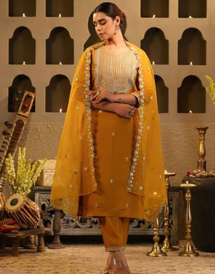 Mustard embroidered straight kurta trousers with dupatta set 4