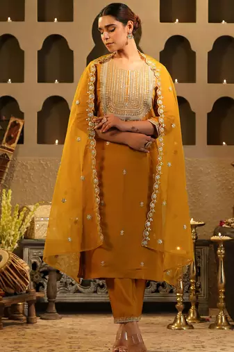 Mustard embroidered straight kurta trousers with dupatta set