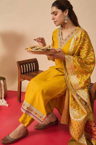 Mustard embroidered straight kurta trousers with dupatta set