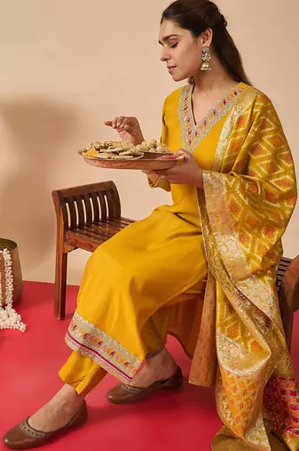 Mustard embroidered straight kurta trousers with dupatta set