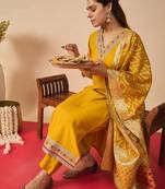 Mustard embroidered straight kurta trousers with dupatta set
