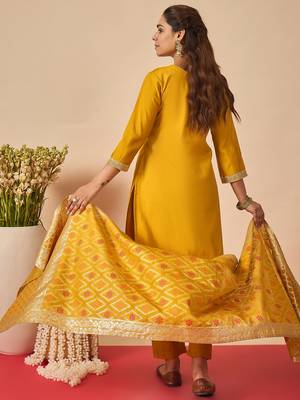 Mustard embroidered straight kurta trousers with dupatta set 2