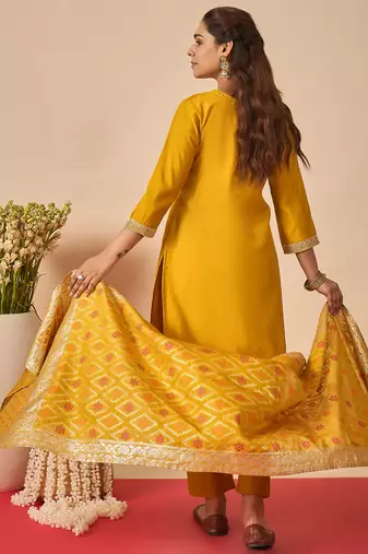 Mustard embroidered straight kurta trousers with dupatta set