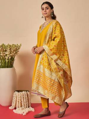 Mustard embroidered straight kurta trousers with dupatta set 3