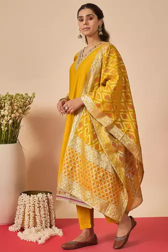 Mustard embroidered straight kurta trousers with dupatta set