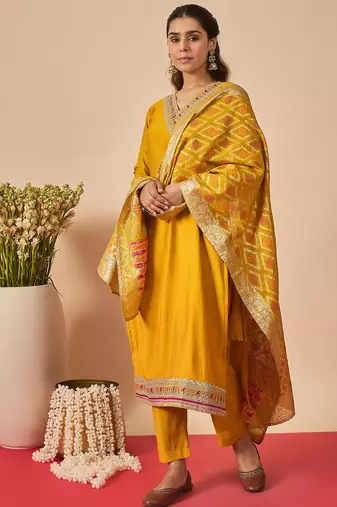 Mustard embroidered straight kurta trousers with dupatta set