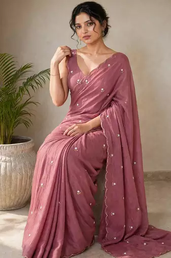 Partywear crush saree with handwork flower butti and elegant border
