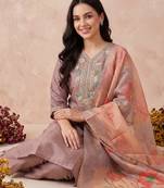 Mauve embroidered straight kurta trousers with dupatta set