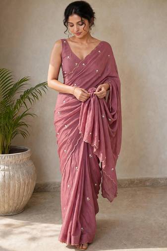 Partywear crush saree with handwork flower butti and elegant border