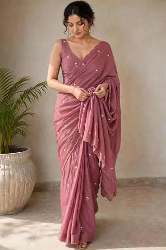 Partywear crush saree with handwork flower butti and elegant border