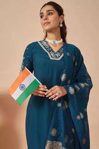 Navy blue embroidered straight kurta trousers with dupatta set