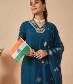 Navy blue embroidered straight kurta trousers with dupatta set