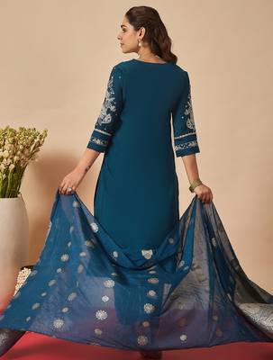 Navy blue embroidered straight kurta trousers with dupatta set 2